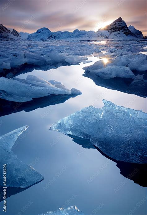 Horizontal shots of melting icebergs in polar regions 3d illustrated ...