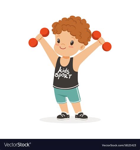 Curly boy exercising with dumbbells kid doing Vector Image