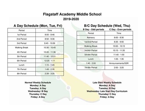 Middle School Bell Schedule - Grade Levels & Academics - Flagstaff Academy