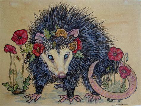 Opossum with Flower Crown and Snake