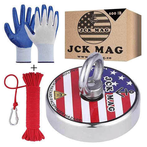 JCK MAG Magnet Fishing Kit 600LB Pulling Magnet with Gloves, Nylon 65ft Rope and Carabiner ...