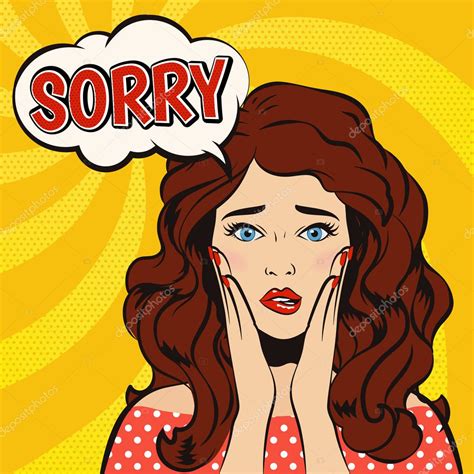 Sorry. Surprised woman with Sorry speech bubble. Cartoon vector illustration in pop up style ...