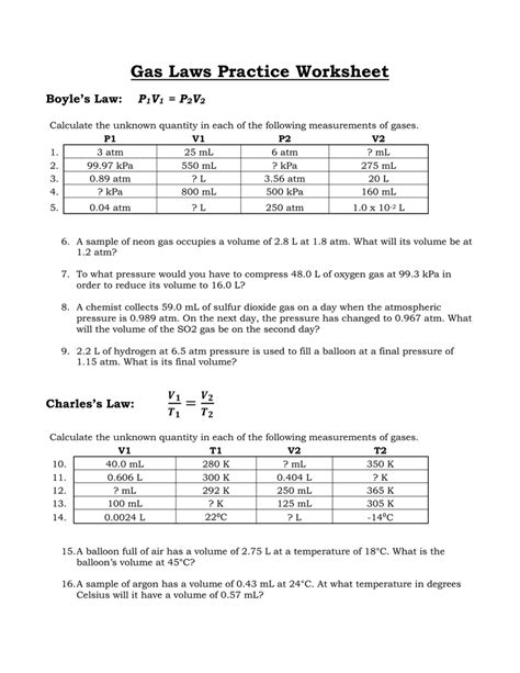 Gas Laws Practice Worksheet Boyle's Law