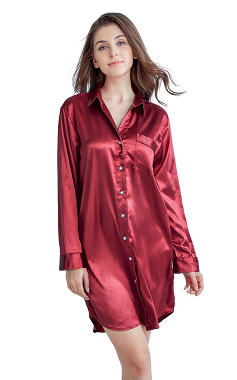 Women's Satin Nightshirt Boyfriend Style Sleep Shirt-Burgundy – Tony & Candice