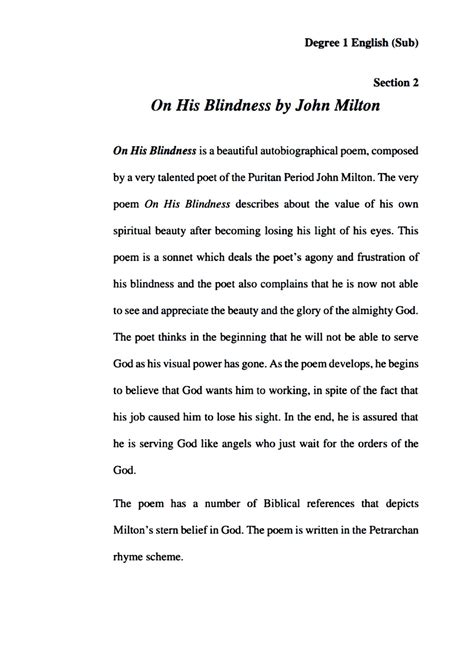 SOLUTION: On his blindness john milton poem summary - Studypool