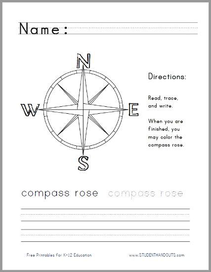 Compass Rose Handwriting Worksheet for Lower Elementary Social Studies