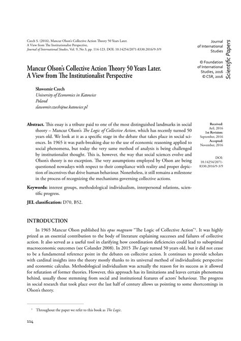 (PDF) Mancur Olson’s Collective Action Theory 50 Years Later. A View ...