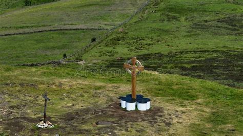 Aerial View of a Celtic Cross on the Top of Slemish Mountain Co Antrim Northern Ireland Slemish ...