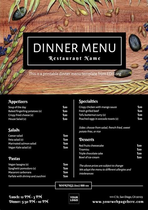 Free printable Dinner Menu templates