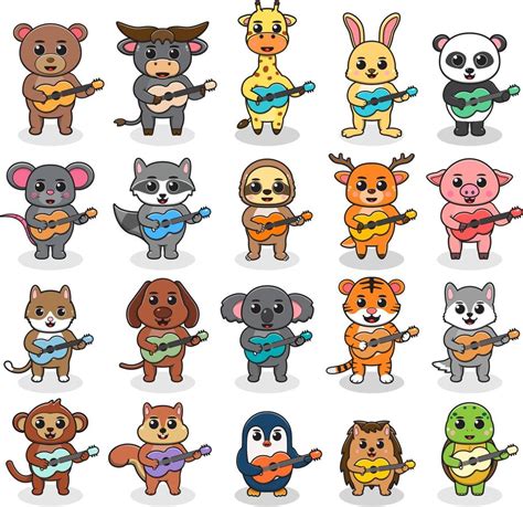 Set of cute cartoon animals with Guitar. Vector collection funny animals. Illustration set with ...