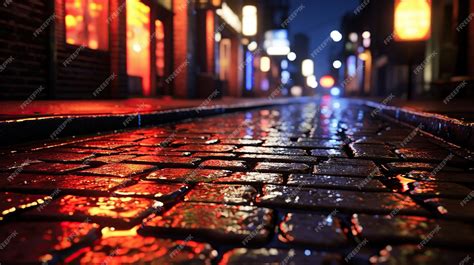 Premium AI Image | A brick street at night with lit up neon signs ...