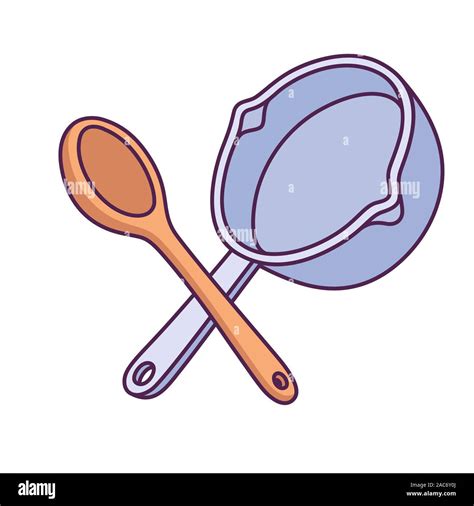 Crossed wooden spoon and cooking pan drawing in simple cartoon style ...