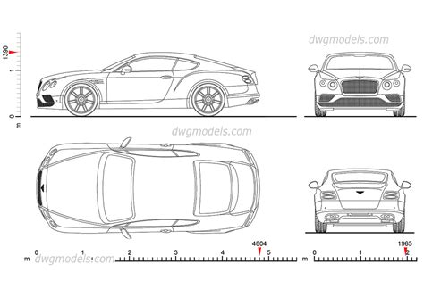 Bentley Continental GT dimensions, AutoCAD drawings download, CAD file