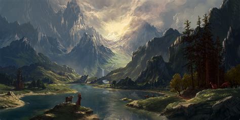 Philipp A Urlich, artwork, digital art, landscape, lake, mountains ...