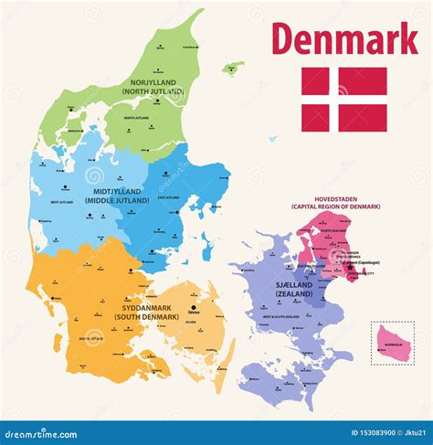 Vector Map Pf Denmark Provinces Colored by Regions with Main Cities on it Stock Vector ...