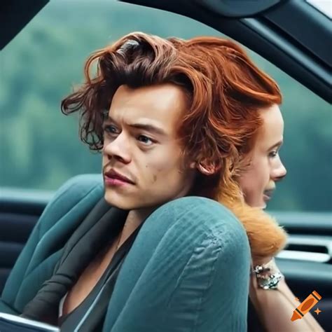 Harry styles and a girl driving in a range rover on Craiyon