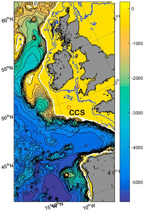 Map of Celtic Sea bathymetry (color bar, m), the white line is the 200... | Download Scientific ...