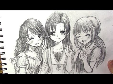 How to Draw Anime Girls (three friends hugging each other) - Real time ...