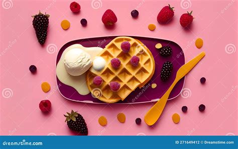 Levitation Illustration Belgium Waffles with Chocolate Sauce, Ice Cream ...