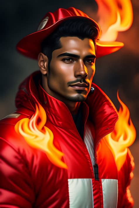 Lexica - Portrait of a beautiful latin american man wearing fire hazard suit surrounded by fire ...