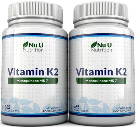 Vitamin K2 MK 7 0mcg - 2 Bottles 365 Vegetarian and Vegan Tablets By Nu U