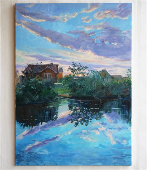 Blue Sky Oil Painting Summer Landscape Sky and Lake Art Home Painting Wall Decor Blue Green Wall ...