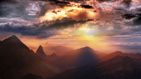 Mountain range Wallpaper 4K, Sunset, Fog, Clouds, Landscape