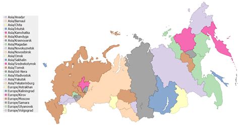 A map of the TZ timezones of Russia