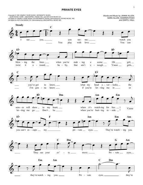 Private Eyes by Hall & Oates Sheet Music for Easy Lead Sheet / Fake Book at Sheet Music Direct