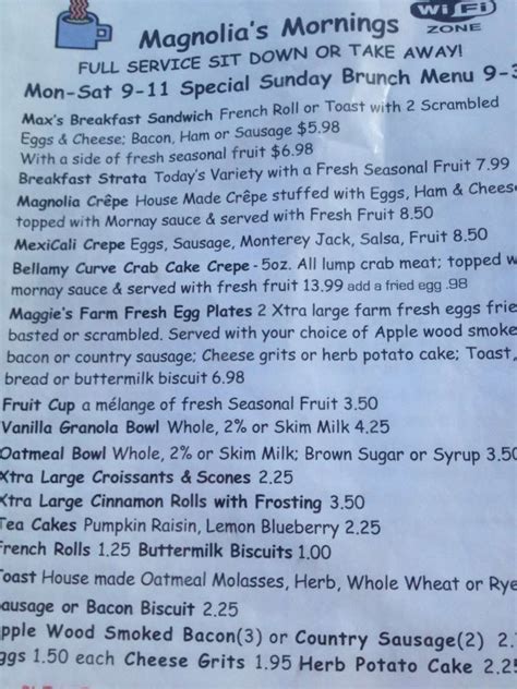 Menu at Magnolia Bakery Cafe, Beaufort