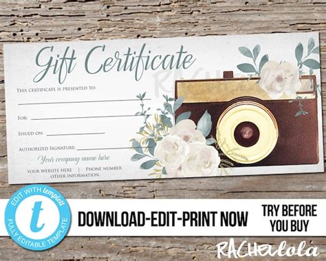 Photography Gift Certificate Printable Custom Template Photo - Etsy