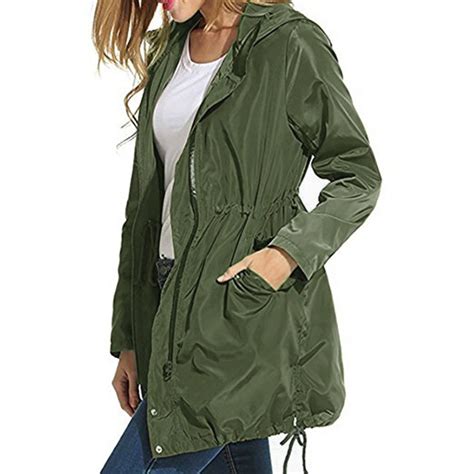 Women Rain Jacket Waterproof Hooded Zip Lightweight Trench Coat ...