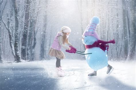 Snowgirl Iceskating -Snowman Ice Skating -Winter Snowy Scene- Separate Snow Overlay - Christmas ...