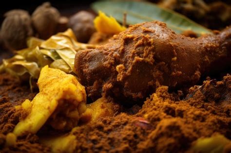 Premium AI Image | Extreme closeup of Rendang spices including turmeric galangal and lemongrass