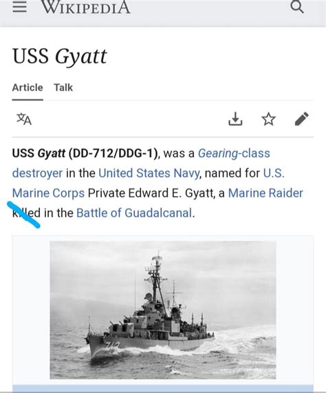 = WIKIPEDIA Q USS Gyatt Article Talk uo ww & USS Gyatt was a Gearing-class destroyer in the ...