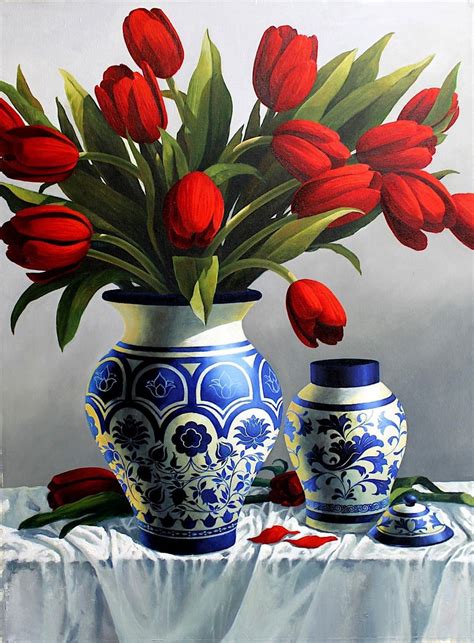 Luis Fuentes - Tulips and Chinese Vase original Sea Landscape painting ...