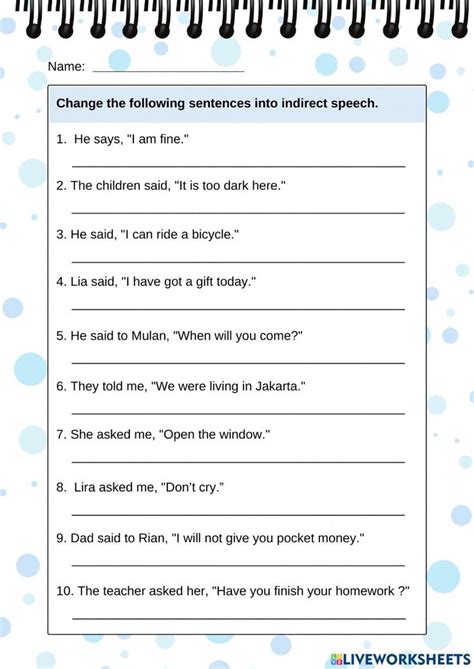 Direct and indirect speech task worksheet | Direct and indirect speech, Indirect speech, Direct ...