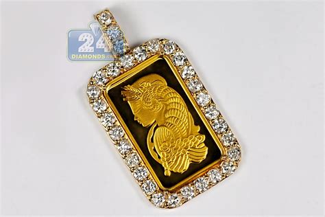 Mens Diamond Frame Pendant Suisse 24K Bar 14K Yellow Gold 2.48ct