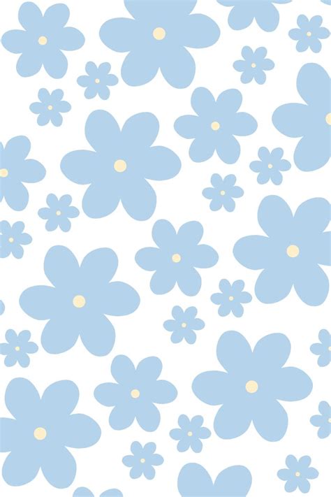 blue flowers on a white background with yellow centers and small dots ...