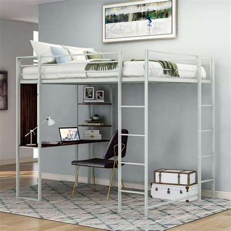 Twin Metal Loft Bed, Modern Industrial Style Twin Bed Frames with 2 Shelves, 1 Desk, 4-Step ...