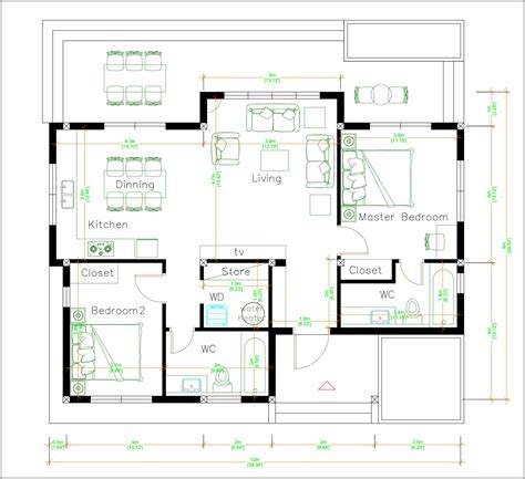 3d Floor Plan 12x9 Meter 40x30 Feet 2 Beds - SamHousePlans