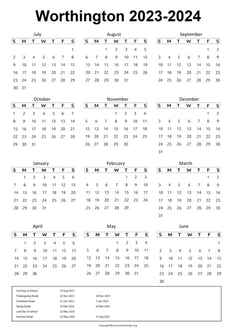 Worthington Schools Calendar with Holidays 2023-2024