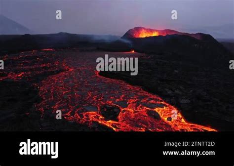 Aerial Panoramic footage of Litli-Hrtur Volcano Eruption. Iceland 28.7. ...