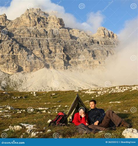 People Camping in the Mountains with Spectacular Landscape Stock Photo ...