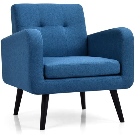 Costway Mid Century Accent Chair Fabric Arm Chair Single Sofa w/Rubber Wood Legs Blue - Walmart.com