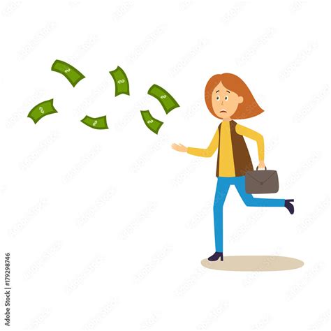 Sad, upset woman running after money flying away, cartoon vector ...