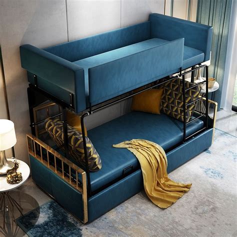 Modern Wood Bunk Bed Sleeper Convertible Sofa Bed 3-Seater Pillows ...