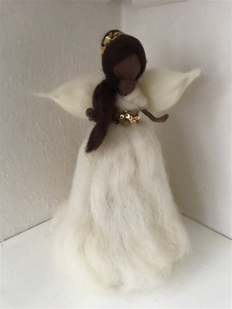 African American Angel Tree Topper in Wool With White and Golden Dress ...