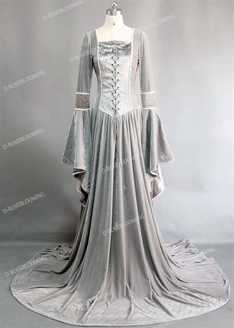 Light Gray Velvet Celtic Medieval Dress D2006 - D-RoseBlooming