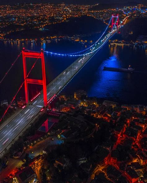 Illuminated Fatih Sultan Mehmet Bridge and İstanbul at night. (via Instagram - bildrone) #turkey ...